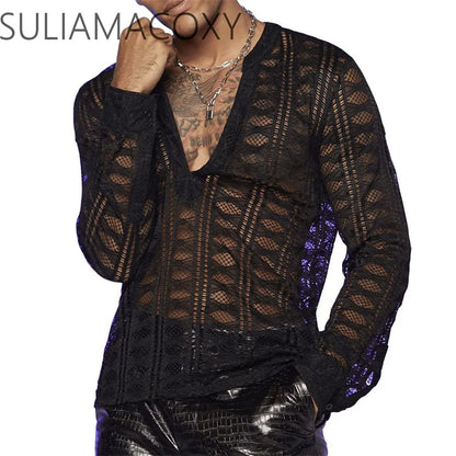 sanyamk Men's V-neck Lace Long Sleeve T-shirt See-through Mesh Stretch Shirt