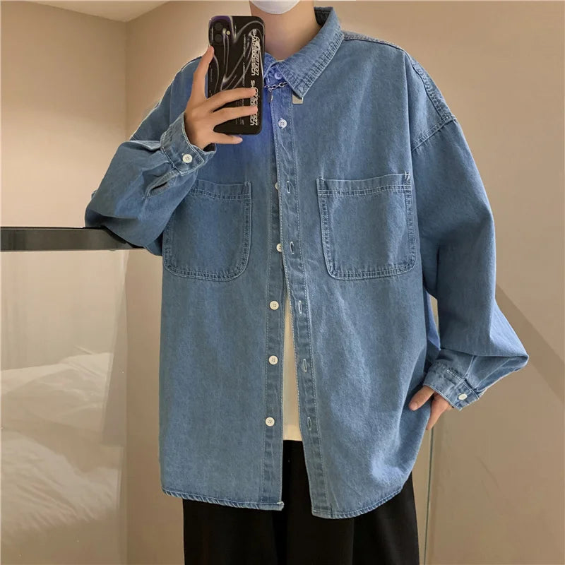 sanyamk Autumn ins high street cowboy shirt men's design inside couple simple long sleeve outside Lapel shirt Denim camisa jeans