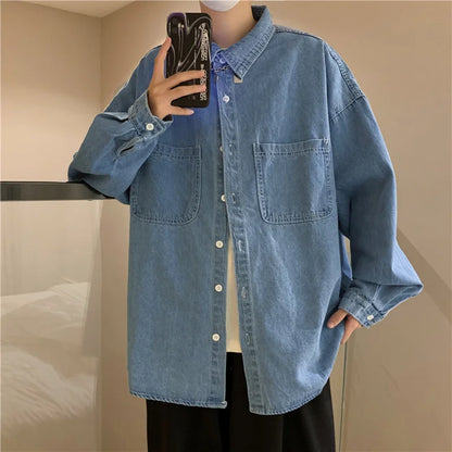 sanyamk Autumn ins high street cowboy shirt men's design inside couple simple long sleeve outside Lapel shirt Denim camisa jeans