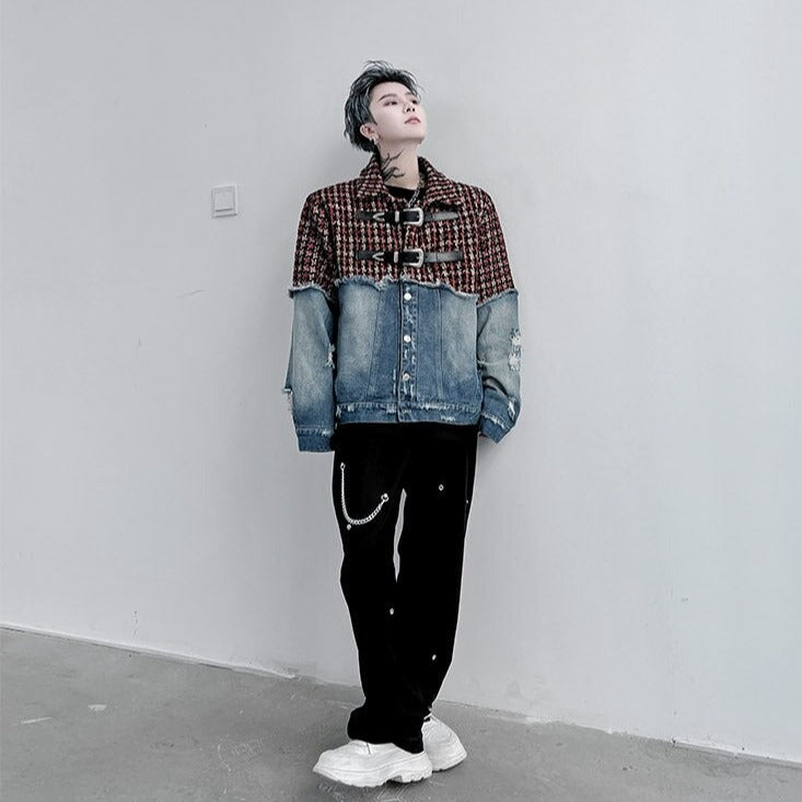 sanyamk Men Plaid Wool Denim Patchwork Streetwear Fashion Loose Casual Vintage Fashion Jacket Male Women Hip Hop Coat Outerwear