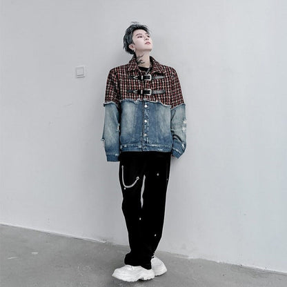 sanyamk Men Plaid Wool Denim Patchwork Streetwear Fashion Loose Casual Vintage Fashion Jacket Male Women Hip Hop Coat Outerwear