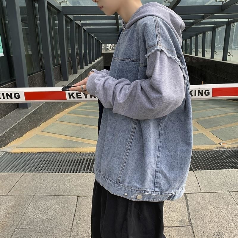 sanyamk Autumn Pullover Denim Jacket Men Fashion Casual Hooded Jacket Men Streetwear Hip Hop Loose Bomber Jacket Mens Hoodies M-3XL