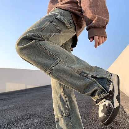 sanyamk American street hip-hop straight leg personalized design for men and women trendy loose leg jeans washed retro casual pants y2k
