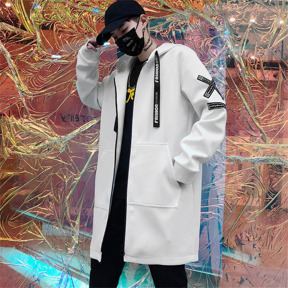 Bonsir Men's Harajuku Hooded Jackets Spring Autumn Print Windbreaker Ribbon Overcoat Outwear Hip Hop Male Casual Male Designer Clothing