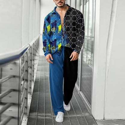 sanyamk New Fashion Pattern Printing Two Piece Sets Men Spring Fall Leisure Long Sleeve Shirts And Pants Suits Mens Casual Loose Outfits