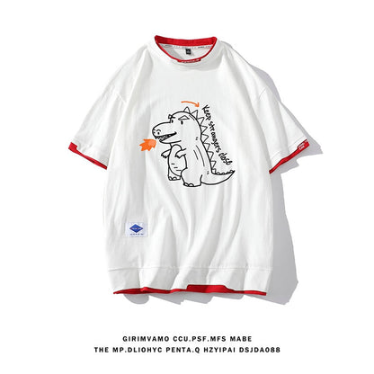 sanyamk Summer T-shirts Men Dinosaurs Print Short Sleeve T-shirt Fire Dinosaurs Men's High Quality Loose Cotton Hip Hop Top Tees 5XL