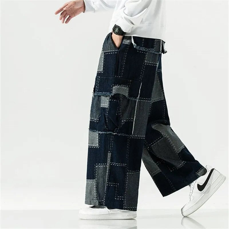 Bonsir Loose Straight Jeans Patchwork Cargo Big Pocket Pants Japanese Harajuku Streetwear