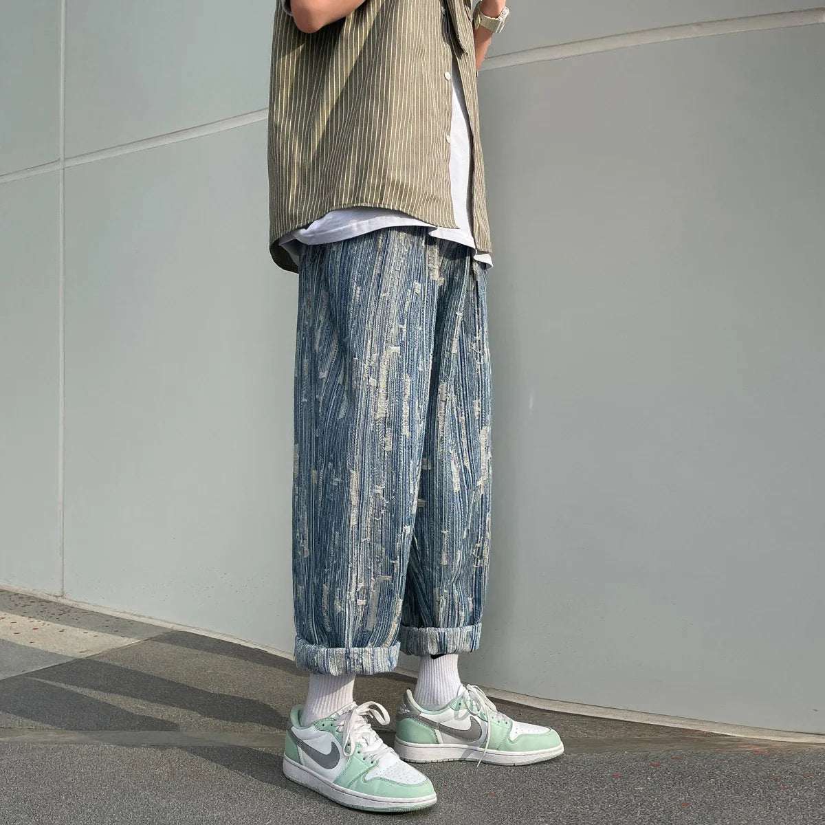 sanyamk  -  Light Blue Jacquard Jeans Men Spring New Street Handsome Loose Pants Men Elastic Waist Straight Vintage Denim Pants