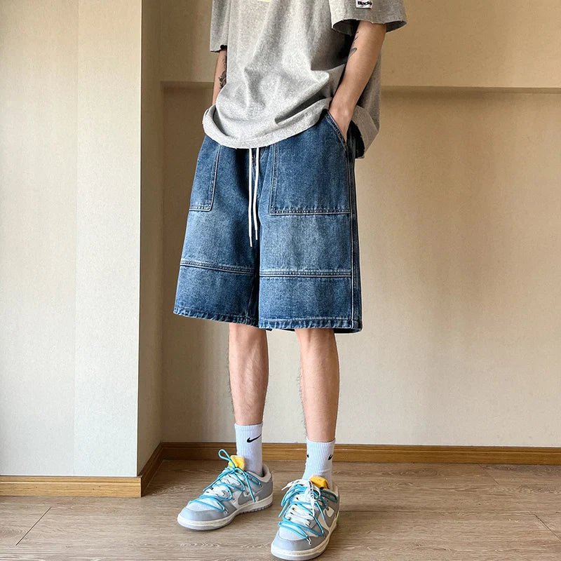 sanyamk Summer New High Street Casual Versatile Denim Capris Elastic Waist Men's Korean Style Loose Wide Leg Large Pocket Shorts