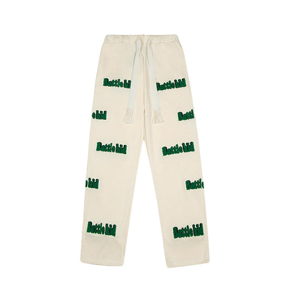 sanyamk Harajuku Letter Embroidery Spliced Retro Denim Trousers Mens and Womens Drawstring Straight Oversized Casual Jeans Pants