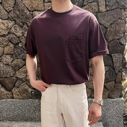 sanyamk  - Stylish Simple Solid Color Mens Cotton T Shirt 2024 Summer Casual Short Sleeve O Neck Men T-shirts Fashion Pockets Tops For Male