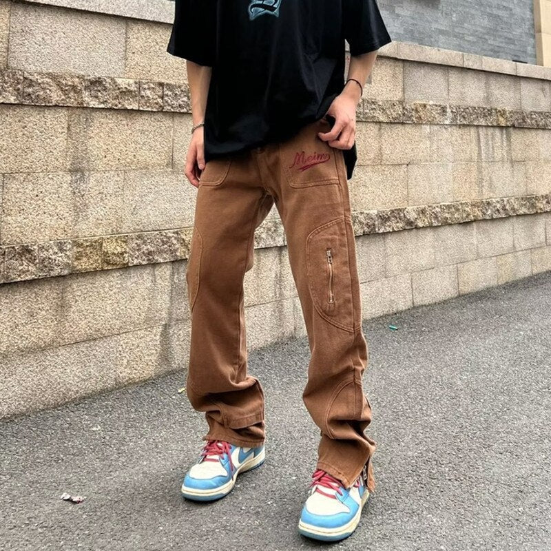 sanyamk New Fashion Letter Embroidery Vintage Brown Men Cargo Jeans Pants Ankle Zipper Hip Hop Baggy Straight Denim Trousers Pantalones