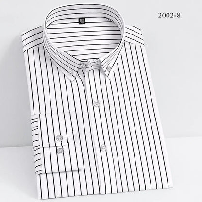 sanyamk Men Spring Summer Comfortable Vertical Striped Strech Mens Dress Shirts Long Sleeve Soft Business Work Shirt  No Pocket Male