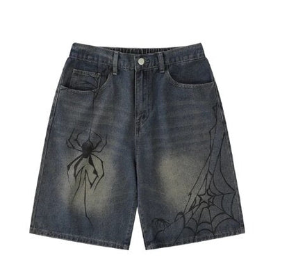 sanyamk American Street Dark Spider Denim Shorts Men European High Street Retro Washed Straight Vibe National Tide Five-point Pants