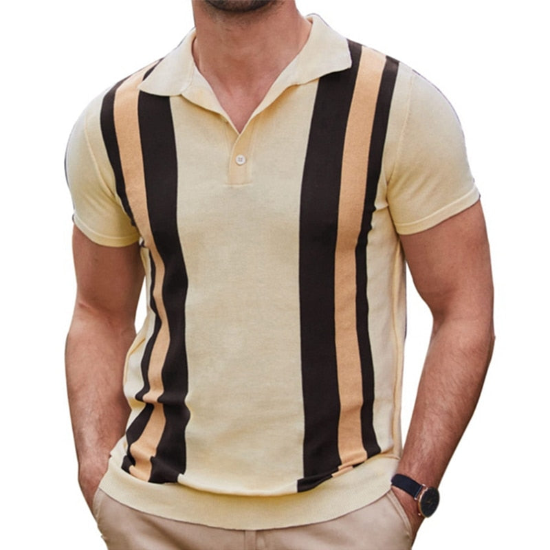 sanyamk Vintage Striped Patchwork Men's Knit Polo Shirt 2023 Spring Summer Casual Short Sleeve Lapel Button Tee Tops Men Clothes Fashion