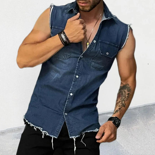 sanyamk Streetwear Mens Fashion Denim Vest Shirts Turn-down Collar Button-up Sleeveless Denim Tank Tops For Men Spring Summer Jean Vest