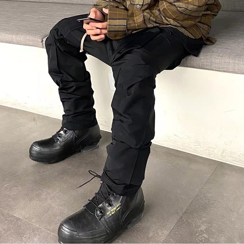 Bonsir High Street Vibe Style Drawstring Black Casual Trousers Retro Straight Oversized Pockets Harajuku Hip Hop Mens Track Pants