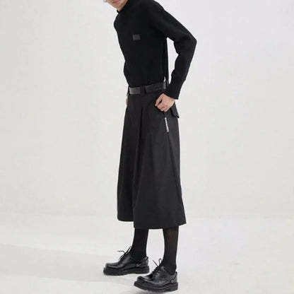 Bonsir Mens Dark Style Casual Solid Color Culottes Genderless Fashion Youth Trend Street Loose Cropped Wide Leg Trousers Unisex