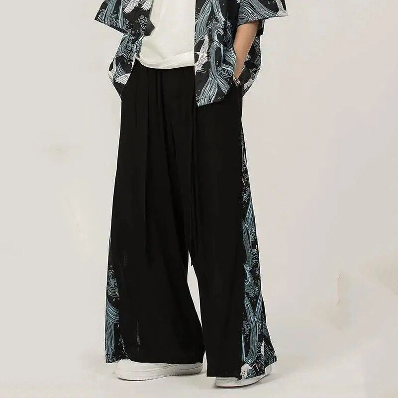 sanyamk Cotton Linen Wide Leg Pants Mens Chinese Style Patchwork Vintage Man Leisure Trousers Summer Harem Pants Male Fashion Pants