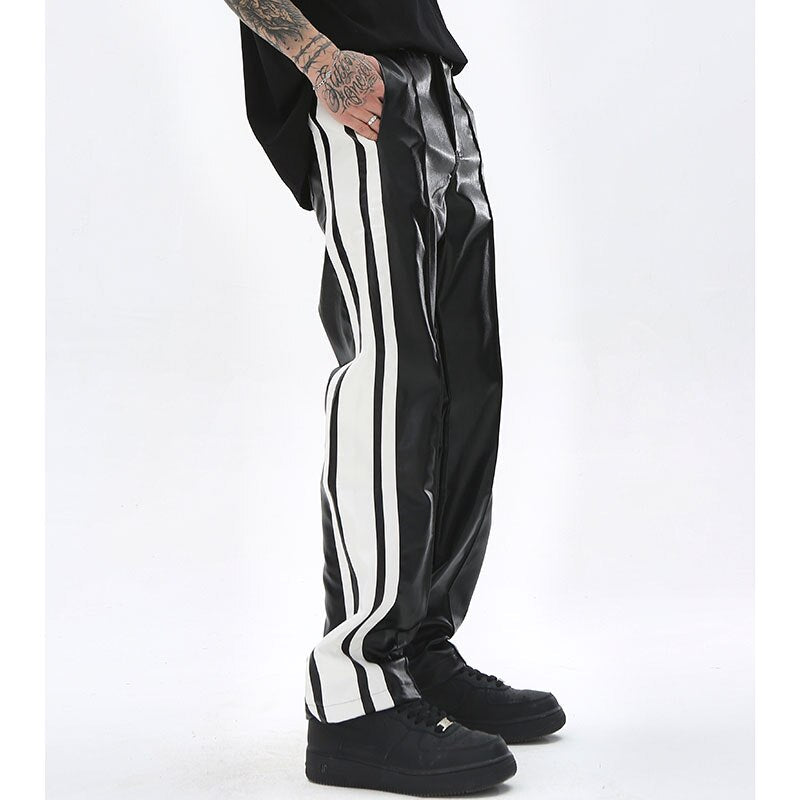 Bonsir Side Striped Straight Pu Leather Pants for Men High Street Breathable Harajuku Loose Track Pants Oversized Casual Trousers