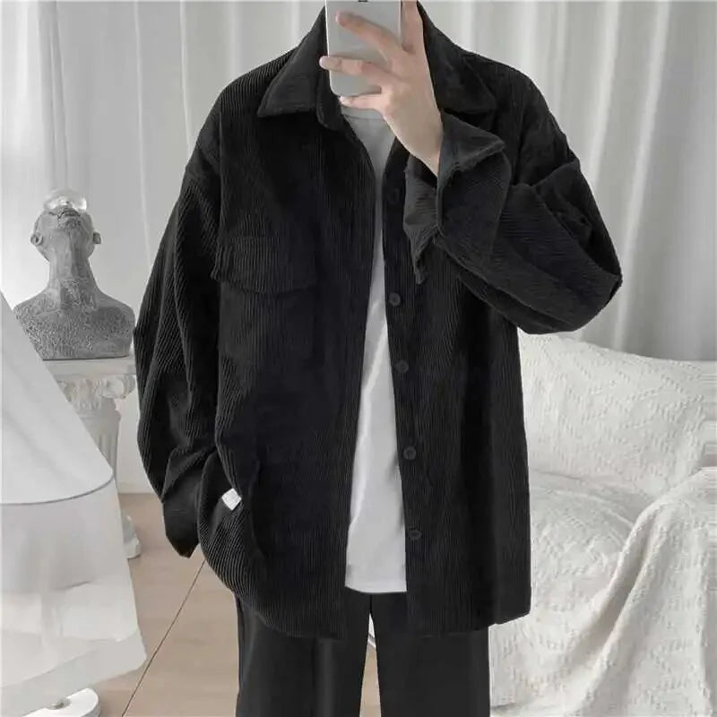 sanyamk Corduroy Men's Autumn Spring Korean Loose Japanese Long-sleeved Shirt Turn-down Collar Top Retro Baseball Tops