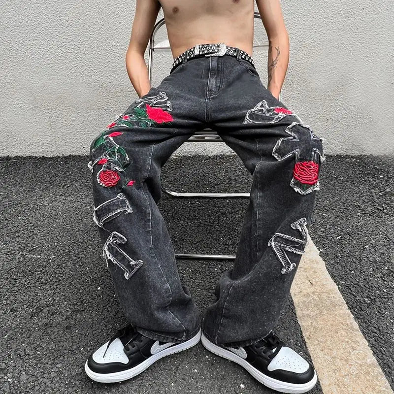 sanyamk American street hip-hop men and women trendy straight leg jeans spring and autumn wide leg rose loose wide leg casual pants y2k