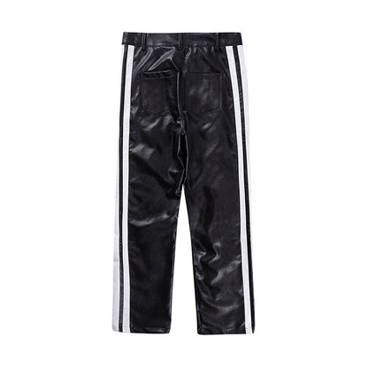 Bonsir Side Striped Straight Pu Leather Pants for Men High Street Breathable Harajuku Loose Track Pants Oversized Casual Trousers