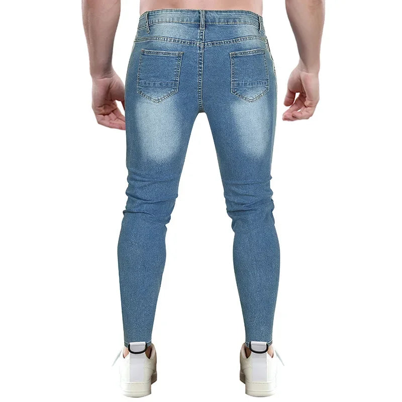 sanyamk Autumn/Winter New Men's Solid Color Distressed Small Foot Tight Denim Pants