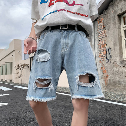 Bonsir Summer Blue/Black Hole Denim Shorts Men Fashion Casual Ripped Denim Shorts Mens Streetwear Hip Hop Loose Jeans Shorts Men M-3XL