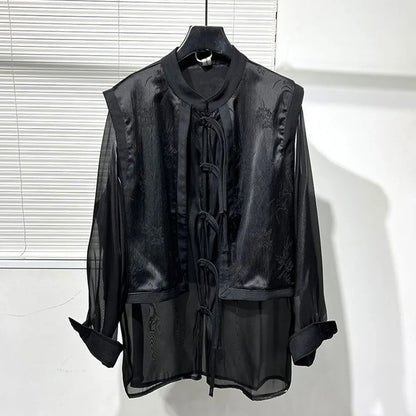 Bonsir Summer Dark Shirt Men Fashion Fake Two Piece Vest Stitching See Through Shirts Trendy Streetwear Long Sleeve Stand Collar Blouse