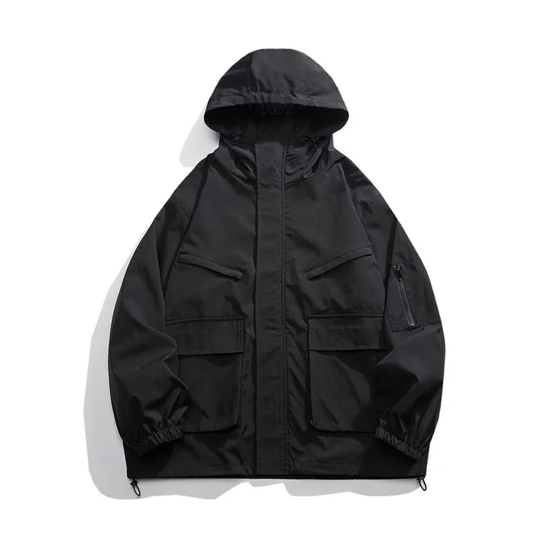 sanyamk New Autumn Men's Waterproof Jackets Multiple Pockets Hooded Windbreaker Black Tactical Coats Fashion Oversized Techwear Clothes