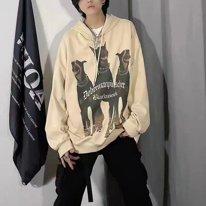 sanyamk Dog and Letter Painted Pullover Terry Hooded Hoodies Men's and Women's High Street Retro Casual Oversized Baggy Sweatshirts