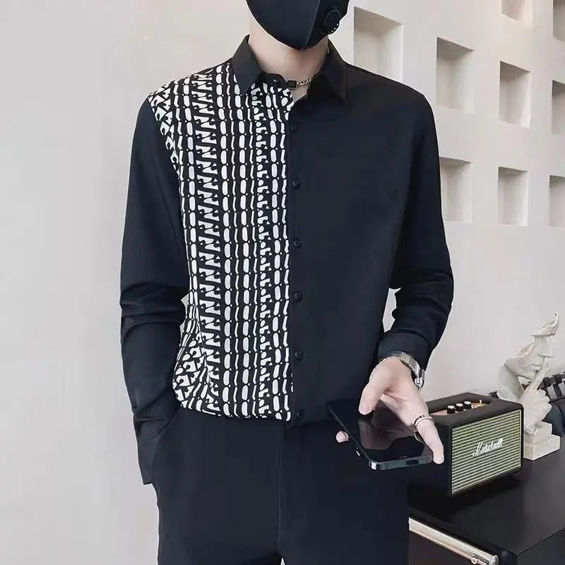 sanyamk Spring Autumn Polo-neck Patchwork Long Sleeve Blouse Male Loose Casual Harajuku Y2K Shirt Hombre Fashion All-match Cardigan Top