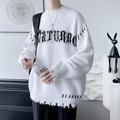 Bonsir High Street Ripped Men's Sweater Loose Fashion Brand Unisex Knitted Pullovers Round Neck Letter Autumn Knitwear