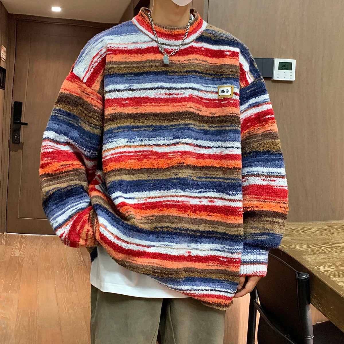 Bonsir Men's Colors Striped Sweater Oversize Knitted Long Sleeve Pullovers Autumn Winter Knitwear Clothing Casaul Jumper for Man