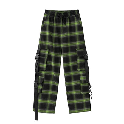 Bonsir Muliti-pokcetrs Sashes Drawstring Checkered Cargo Pants Mens High Street Straight Patchwork Baggy Casual Trousers Oversized