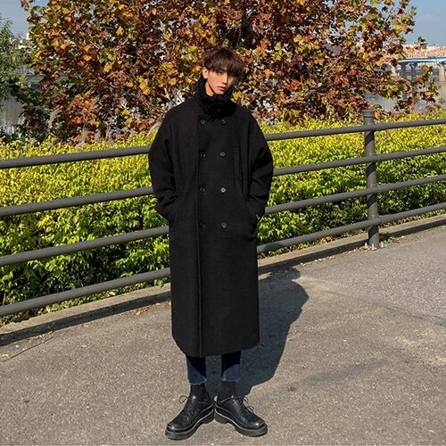 Bonsir Autumn Winter Mens Wool Coat Solid Long Sleeve Woolen Jacket Fleece Woolen Overcoat Streetwear Side Pockets Trench Outerwear Y56