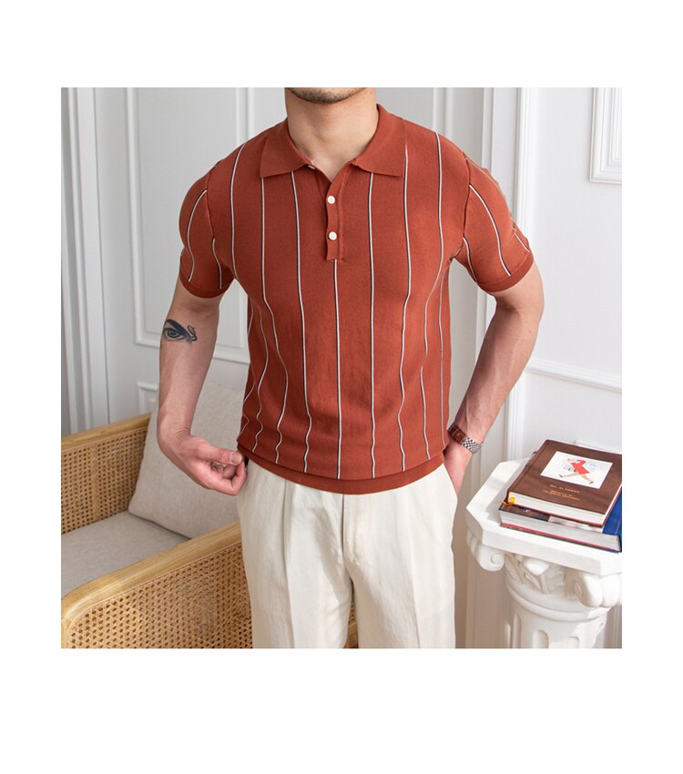 sanyamk Contrasting Stripes Casual Slim Lapel Polo Summer Knit Lapel T-shirt Polo Camisa Hombre British  Men's Shirt Mannen Polo