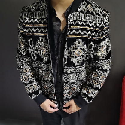 Bonsir Heavy Embroidery Increase Paillette Leisure Time Loose Coat Jacket Spring Autumn Men's Wear Baroque Court Wind Imported Velvet