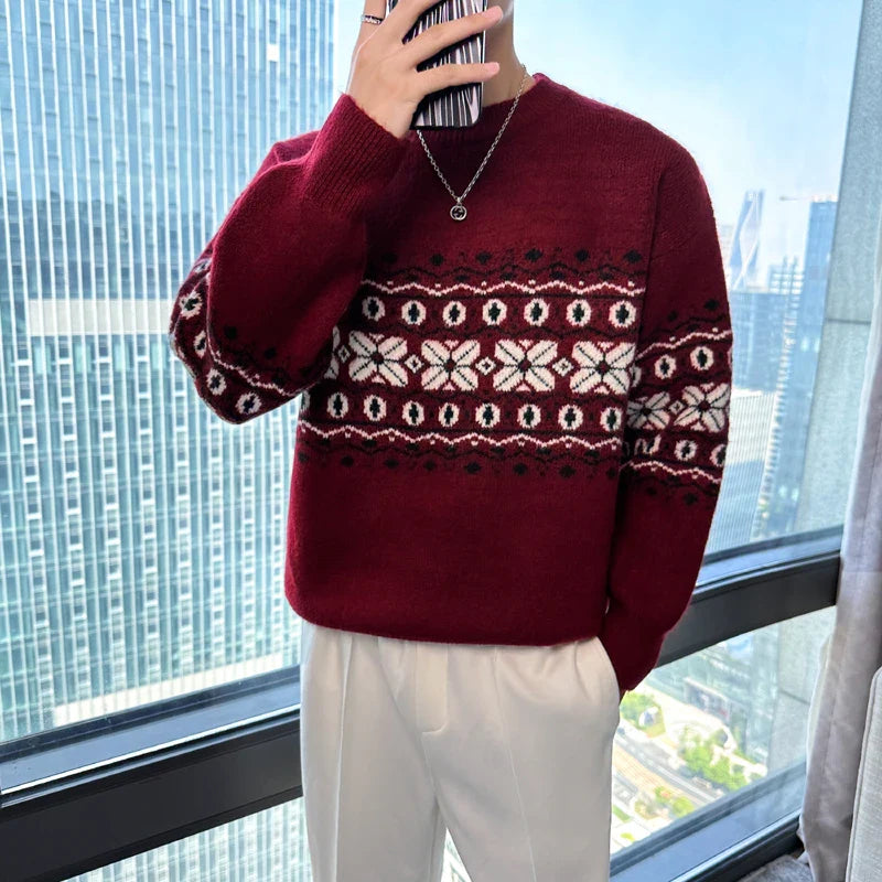 sanyamk Autumn Winter Mens Sweaters Coare Wool Vintage Style ClothesKnitted Floral Casual Jumper Long Sleeve Thick Warm Pullovers