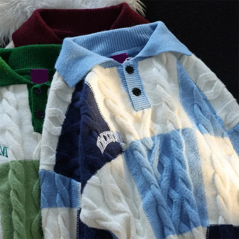 Bonsir Vintage Plaid Green Knitted Sweater Men Checked Pullover Y2K Blue Sweaters Men's Winter Harajuku Japanese Streetwear