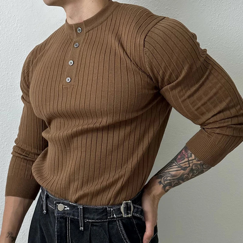 sanyamk  - Vintage Henley Collar Knitted T Shirt Mens Spring Fashion Pure Color Slim Long Sleeve T-shirts For Men Knitwear Casual Pullover
