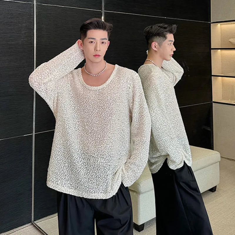 sanyamk  -   Personality Round Collar Bead T-Shirt Long Sleeve Men's Tops New 2024 Summer Fashion Casual Male Clothing T-shirts