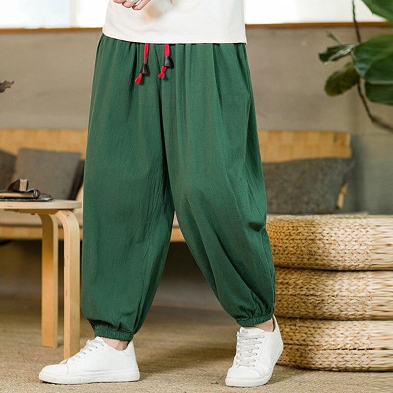 Bonsir Men Loose Harem Pants Summer Casual Solid Cotton Linen Pant Mens Fashion Drawstring Tie-up Waisted Trousers Mens Fall Long Pants