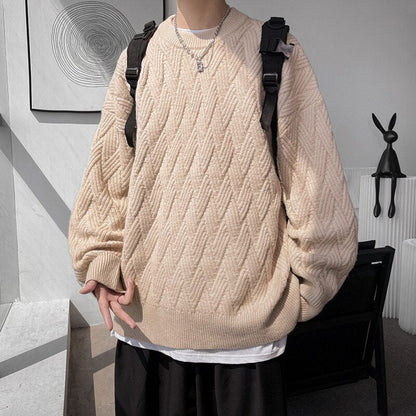 sanyamk  Cable-knit Vintage Sweater Men Solid Color Loose Round Neck Male Pullovers Warm Fashion Unisex Casual Clothing