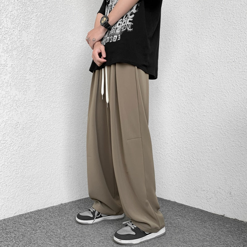 Bonsir Korean-style Baggy Casual Wide-leg Pants Male Summer Ice Silk Thin Fashion Loose Drawstring Harem Pants Streetwear Trousers