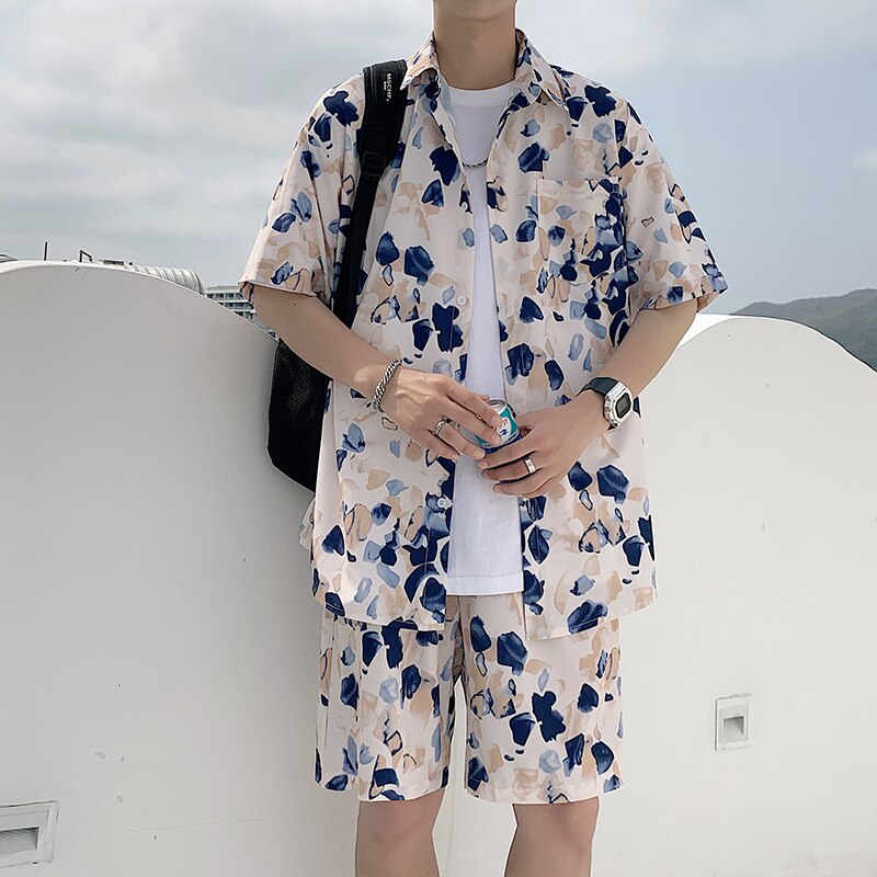 sanyamk Summer Men Shorts Set Matching Shirts Letter Striped Floral Printing Lightweight Short Sleeve Elastic Waist Oversize Suit Man