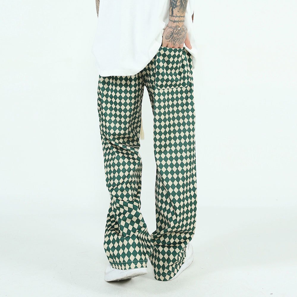 Bonsir Checkerboard Casual Pants Men's Street Tide Brand Elastic Waist Green Plaid Wide Leg Pants Drawstring Drape Sports Trousers