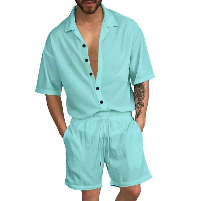 sanyamk Summer Two Piece Mens Sets Solid Color Loose Short Sleeve Lapel Button Shirt And Shorts Suits Men Streetwear Casual Outfits