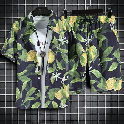 sanyamk Summer New Men Beach Clothes 2 Piece Set Quick Dry Hawaiian Shirt Shorts Set Men Fashion Clothing Printing Casual Male Outfits